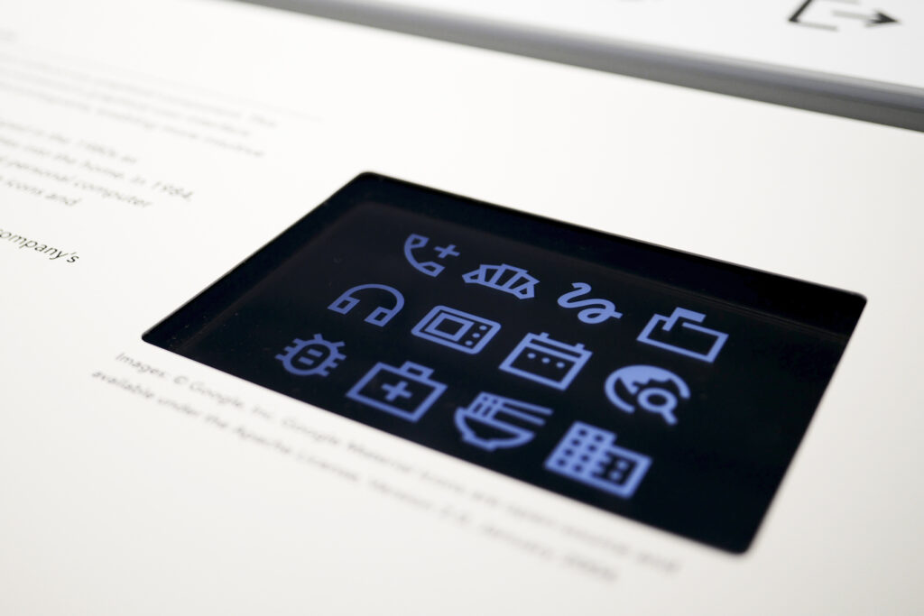 View of video installations presenting the animated history of Japanese pictograms.